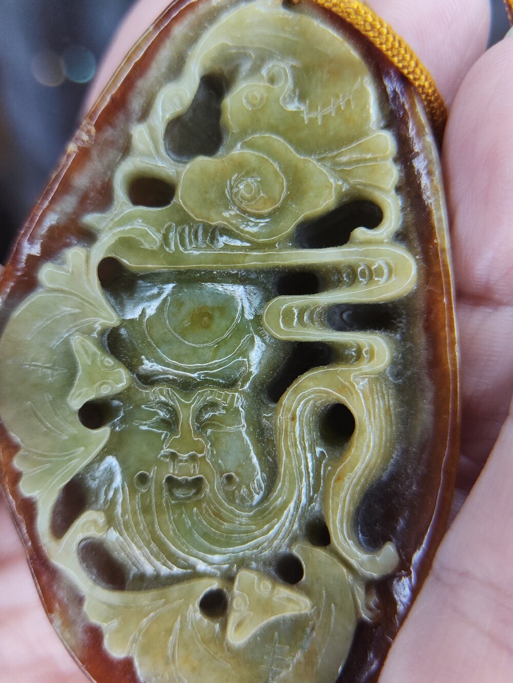 Hand-Carved Nephrite Jade Pendant 3" Openwork Scholar